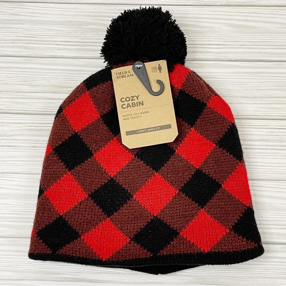 Field & Stream Cozy Cabin Black, Brown and Red Plaid Knit Beanie Hat NWT